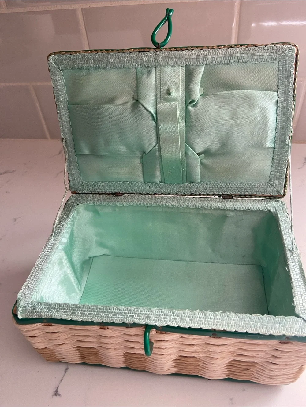 Vintage 1950s Woven Sewing Basket Green Floral Raffia